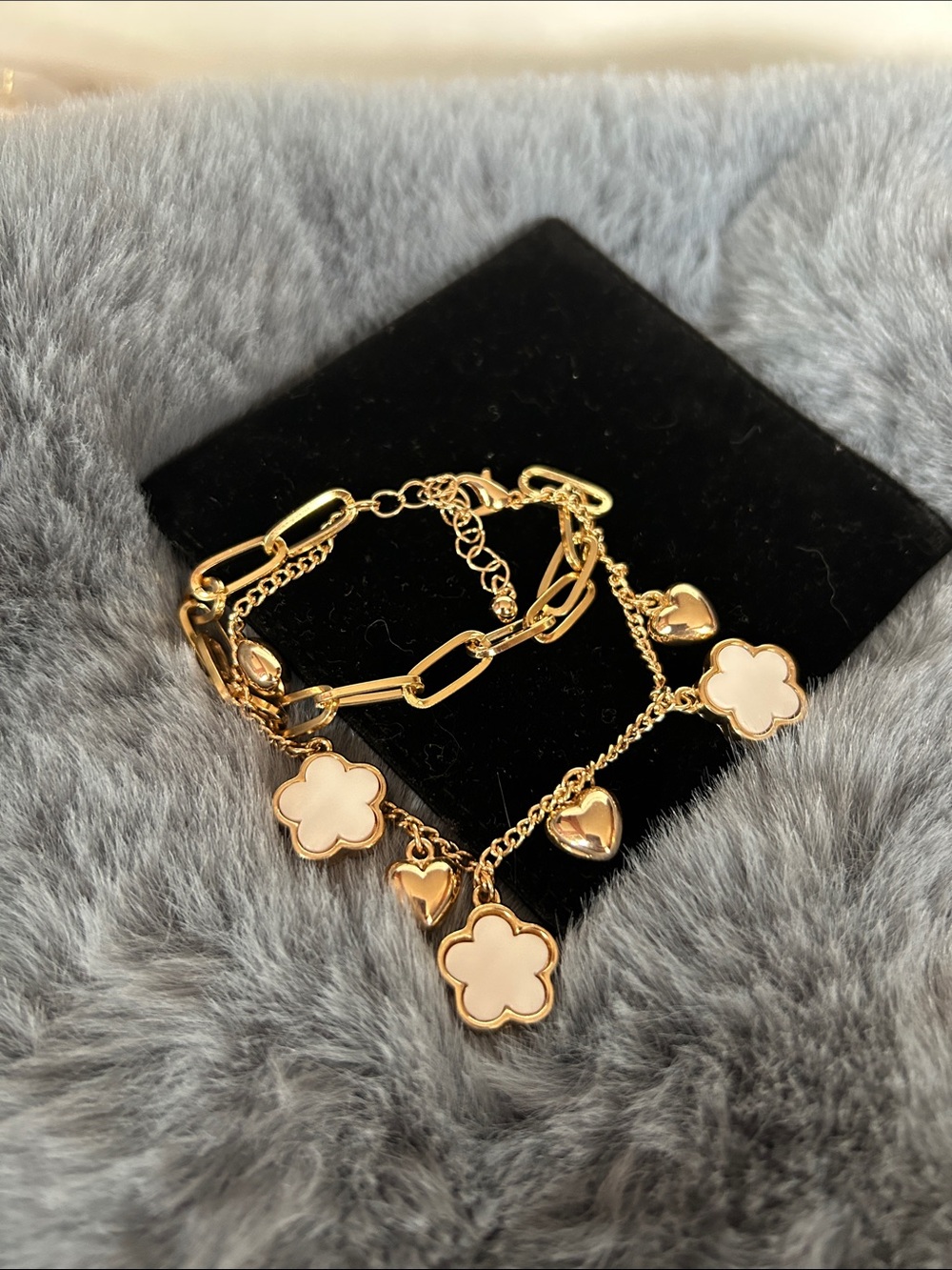 Gold Floral & Heart Charm Chain Bracelet - White Enamel